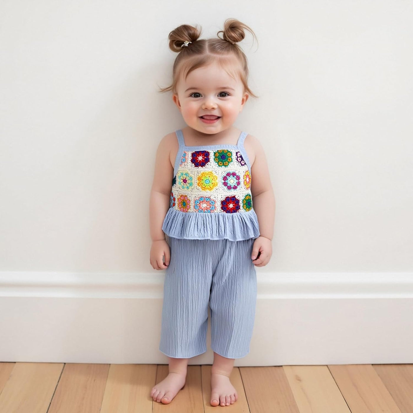 Baby Girl Summer Outfit Floral Crochet Ruffle Sleeveless 