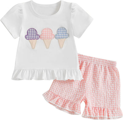 Baby Girl Summer Clothes Embroidery Ruffle Short Sleeve T-Shirt Plaid Shorts Toddler Girls Outfits