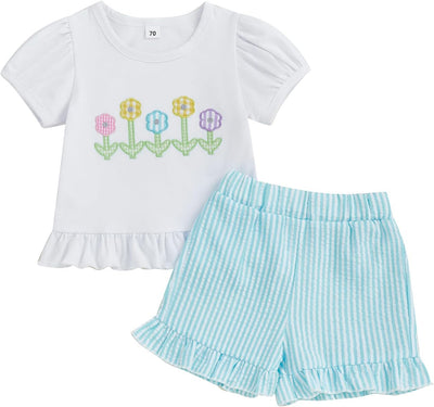 Baby Girl Summer Clothes Embroidery Ruffle Short Sleeve T-Shirt Plaid Shorts Toddler Girls Outfits