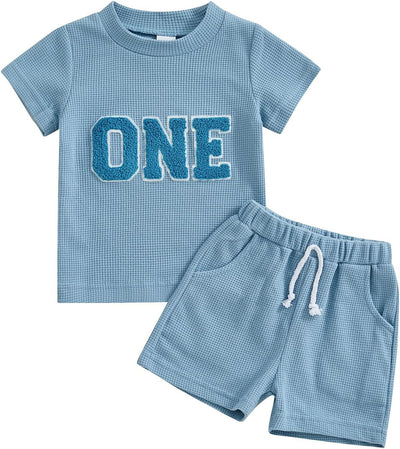 Toddler Baby Boy Girl First 1St Birthday Outfit T Shirt Shorts Infant Summer Waffle Clothes