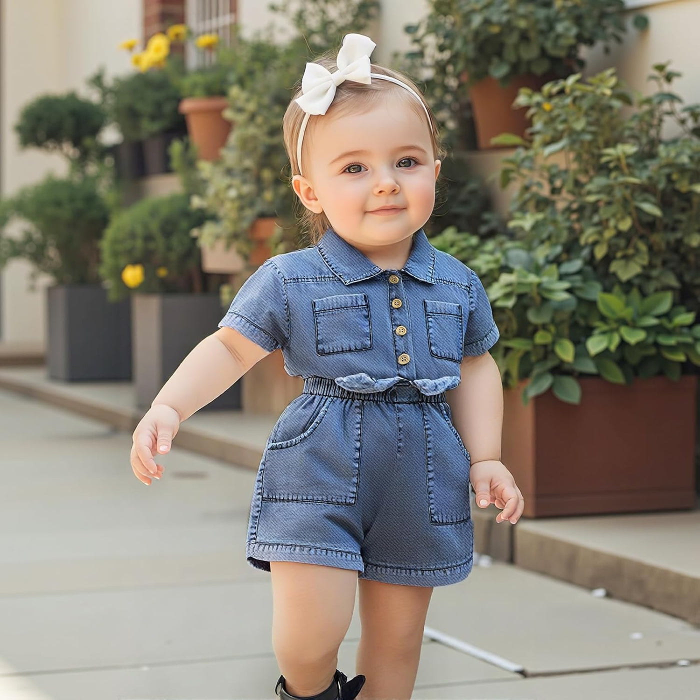 Toddler Baby Girl Denim Jumpsuit Short Sleeve 