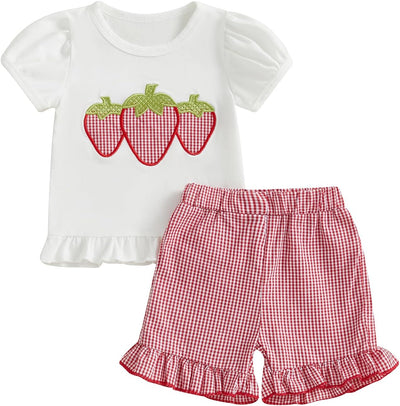 Baby Girl Summer Clothes Embroidery Ruffle Short Sleeve T-Shirt Plaid Shorts Toddler Girls Outfits