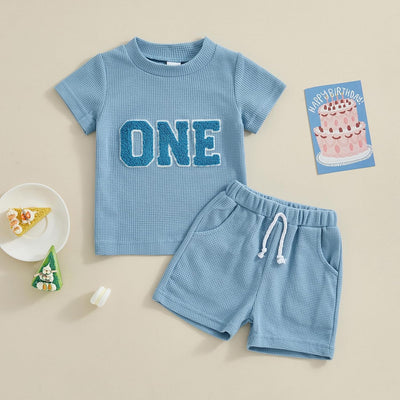 Toddler Baby Boy Girl First 1St Birthday Outfit T Shirt Shorts Infant Summer Waffle Clothes